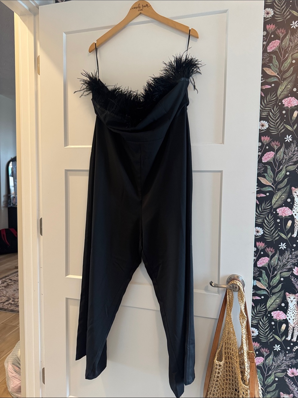 Chic Soul Black Feather-Trim Jumpsuit